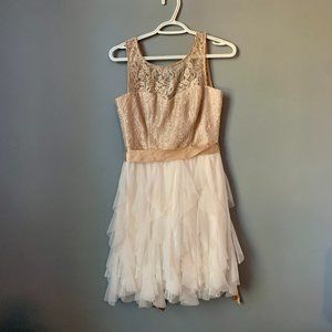 Champagne and White, Lace and Ruffles Cocktail Dress - Size 9 - Teeze Me Mini